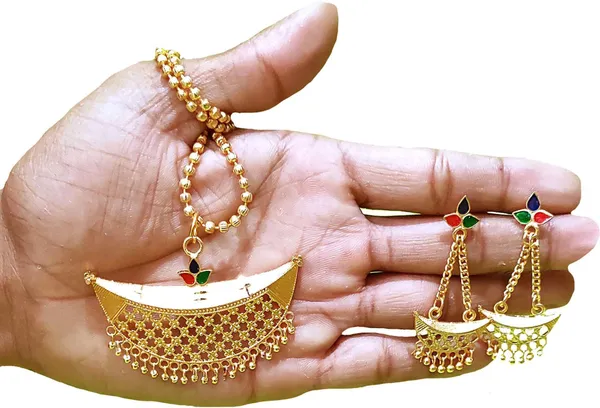 Assamese_Traditional_Gold_Plated_Red_Green_Colour_Joonbiri_Chain_Jewellery_Set_For_Women